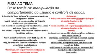 FUGA AO TEMA
Frase temática: manipulação do
comportamento do usuário e controle de dados.
A situação de “Fuga ao Tema” é a mais comum entre as
situações que podem
levar à nota zero e ocorre quando o participante
produz texto que não resvala
nem mesmo em assunto ligado à frase temática. A cada
edição do Enem, os motivos
que levam à “Fuga ao Tema” mudam, visto que a frase
temática e os textos
Assim, especificamente no Enem 2018, a partir de
diretrizes estabelecidas pelo
Inep, os textos que trataram somente dos tópicos a
seguir foram avaliados como
“Fuga ao Tema”:
• tecnologia, sem sequer mencionar internet ou
qualquer elemento do universo
da internet;
• mídia, sem sequer mencionar internet ou qualquer
elemento do universo da
internet;
• outros assuntos, sem sequer mencionar internet ou
elemento do universo da
internet.
Assim, devem ser considerados incompletos textos que
mencionem apenas (i)
internet ou elemento do universo da internet; ou (ii) a
manipulação do comportamento
do usuário na e/ou pela internet, sem menção ao
controle de dados;
ou (iii) controle de dados na internet, sem menção à
manipulação do comportamento
dos usuários.
 