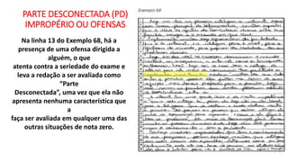 PARTE DESCONECTADA (PD)
IMPROPÉRIO OU OFENSAS
Na linha 13 do Exemplo 68, há a
presença de uma ofensa dirigida a
alguém, o que
atenta contra a seriedade do exame e
leva a redação a ser avaliada como
“Parte
Desconectada”, uma vez que ela não
apresenta nenhuma característica que
a
faça ser avaliada em qualquer uma das
outras situações de nota zero.
 