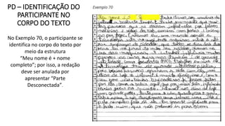 PD – IDENTIFICAÇÃO DO
PARTICIPANTE NO
CORPO DO TEXTO
No Exemplo 70, o participante se
identifica no corpo do texto por
meio da estrutura
“Meu nome é + nome
completo”; por isso, a redação
deve ser anulada por
apresentar “Parte
Desconectada”.
 