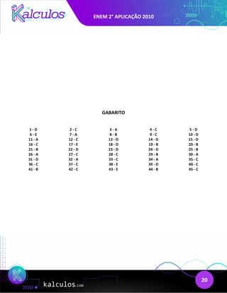 ENEM 2° APLICAÇÃO 2010
20
GABARITO
1 - D 2 - C 3 - A 4 - C 5 - D
6 - E 7 - A 8 - B 9 - C 10 - D
11 - A 12 - C 13 - D 14 - D 15 - D
16 - C 17 - E 18 - D 19 - B 20 - B
21 - B 22 - D 23 - D 24 - D 25 - B
26 - A 27 - C 28 - C 29 - B 30 - A
31 - D 32 - A 33 - C 34 - A 35 - C
36 - C 37 - C 38 - E 39 - D 40 - C
41 - B 42 - C 43 - E 44 - B 45 - C
 