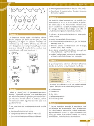 17 
Prova 2012 - Ciências da Natureza e 
suas Tecnologias 
c) 
d) 
e) 
Questão 50 
Um eletricista precisa medir a resistência elétrica 
de uma lâmpada. Ele dispõe de uma pilha, de uma 
lâmpada (L), de alguns fios e de dois aparelhos: um 
voltímetro (V), para medir a diferença de potencial 
entre dois pontos, e um amperímetro (A), para medir 
a corrente elétrica. O circuito elétrico montado pelo 
eletricista para medir essa resistência é 
a) d) 
b) e) 
c) 
Questão 51 
Charles R. Darwin (1809-1882) apresentou em 1859, 
no livro A origem das espécies, suas ideias a respeito 
dos mecanismos de evolução pelo processo da sele-ção 
natural. Ao elaborar a Teoria da Evolução, Darwin 
não conseguiu obter algumas respostas aos seus 
questionamentos. 
O que esse autor não conseguiu demonstrar em sua 
teoria? 
a) A sobrevivência dos mais aptos. 
b) A origem das variações entre os indivíduos. 
c) O crescimento exponencial das populações. 
d) A herança das características dos pais pelos filhos. 
e) A existência de características diversas nos seres 
da mesma espécie. 
Questão 52 
Em dias com baixas temperaturas, as pessoas utili-zam 
casacos ou blusas de lã com o intuito de minimi-zar 
a sensação de frio. Fisicamente, esta sensação 
ocorre pelo fato de o corpo humano liberar calor, que 
é a energia transferida de um corpo para outro em 
virtude da diferença de temperatura entre eles. 
A utilização de vestimenta de lã diminui a sensação 
de frio, porque 
a) possui a propriedade de gerar calor. 
b) é constituída de material denso, o que não permite 
a entrada do ar frio. 
c) diminui a taxa de transferência de calor do corpo 
humano para o meio externo. 
d) tem como principal característica a absorção de 
calor, facilitando o equilíbrio térmico. 
e) está em contato direto com o corpo humano, facili-tando 
a transferência de calor por condução. 
Questão 53 
O quadro apresenta o teor de cafeína em diferentes 
bebidas comumente consumidas pela população. 
Bebida Volume (mL) Quantidade média 
de cafeína (mg) 
Café expresso 80,0 120 
Café filtrado 50,0 35 
Chá preto 180,0 45 
Refrigerante de cola 250,0 80 
Chocolate quente 60,0 25 
Da análise do quadro conclui-se que o menor teor de 
cafeína por unidade de volume está presente no 
a) café expresso. 
b) café filtrado. 
c) chá preto. 
d) refrigerante de cola. 
e) chocolate quente. 
Questão 54 
O uso de defensivos agrícolas é preocupante pela 
sua toxidade aos ecossistemas, tanto ao meio bió-tico 
como abiótico, afetando as cadeias alimentares. 
Alguns defensivos, como o DDT (dicloro-difeniltricloro-etano), 
por serem muito estáveis, entram nas cadeias 
alimentares e permanecem nos ecossistemas. 
 