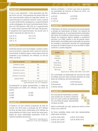 49 
Prova 2012 - Matemática e suas 
Tecnologias - 2ª aplicação 
Questão 140 
A noz é uma especiaria muito apreciada nas fes-tas 
de fim de ano. Uma pesquisa de preços feita em 
três supermercados obteve os seguintes valores: no 
supermercado A é possível comprar nozes a granel 
no valor de R$ 24,00 o quilograma; o supermercado B 
vende embalagens de nozes hermeticamente fecha-das 
com 250 gramas a R$ 3,00; já o supermercado 
C vende nozes a granel a R$ 1,50 cada 100 gramas. 
A sequência dos supermercados, de acordo com a 
ordem crescente do valor da noz, é 
a) A, B, C. d) C, A, B. 
b) B, A, C. e) C, B, A. 
c) B, C, A. 
Questão 141 
Acidentes banais como escorregões, quedas e trope-ços 
se tornaram a segunda maior causa de morte na 
humanidade. A tabela a seguir mostra alguns tipos de 
acidentes e sua incidência, em milhares, no ano de 
2009, nos EUA. 
Tipos de acidentes Machucados em 2009 
Andando a cavalo 80 
Andando de bicicleta 400 
Acidentes na cama 500 
Acidentes na piscina 160 
Acidentes no banheiro 400 
Jogando futebol 200 
SOLEIRO, R. et al. Os novos jeitos de morrer. 
Superinteressante, dez. 2011 (adaptado). 
Considerando os dados apresentados, a média de 
machucados em 2009, em milhares, nos EUA, foi 
igual a 
a) 200 d) 300 
b) 268 e) 330 
c) 290 
Questão 142 
O Brasil é um dos maiores produtores de leite do 
mundo. Em 2010 para a produção de 30,7 bilhões 
de litros de leite foram ordenhadas 22,9 milhões de 
vacas leiteiras em todo o país, sendo que essa quan-tidade 
de vacas ordenhadas representa 10,9% do 
rebanho brasileiro de bovinos. 
Disponível em: www.ibge.gov.br. 
Acesso em: 15 nov. 2011 (adaptado) 
Nessas condições, o número que mais se aproxima 
da quantidade de bovinos no Brasil em 2010, em 
milhões de unidades, é 
a) 25,40 d) 210,09 
b) 33,80 e) 281,65 
c) 187,19 
Questão 143 
O Ministério da Saúde acompanha com preocupação 
a difusão da tuberculose no Brasil. Um sistema de 
vigilância baseia-se no acompanhamento sistemático 
das taxas de incidência dessa doença nos estados. 
Depois de credenciar alguns estados a receberem 
recursos, em 2006, passou a ser de grande impor-tância 
definir prioridades para a alocação de recursos 
de combate e prevenção, levando em consideração 
as taxas de incidência para os anos de 2000 e 2004, 
conforme o quadro seguinte. 
Estado 
Taxa de incidência 
2000 2004 
Amapá 9,0 37,1 
Amazonas 72,8 69,0 
Goiás 20,5 16,7 
Minas Gerais 0,3 27,2 
Pernambuco 43,3 51,0 
Rio de Janeiro 90,7 79,7 
São Paulo 45,8 38,2 
Disponível em: SINAN, 2006; IBGE. Censo 2000. 
Se a prioridade na distribuição de recursos for dada 
ao estado que tiver maior aumento absoluto em suas 
taxas de incidência, ela será dada para 
a) Amapá. d) Pernambuco. 
b) Amazonas. e) Rio de Janeiro. 
c) Minas Gerais. 
Questão 144 
Em uma aula de matemática, a profes-sora 
propôs que os alunos construís-sem 
um cubo a partir da planificação 
E 
N E 
M B 
em uma folha de papel, representada 
na figura ao lado. 
R 
Após a construção do cubo, apoiou-se sobre a mesa 
a face com a letra M. 
As faces paralelas deste cubo são representadas 
pelos pares de letras 
a) E-N, E-M e B-R. d) B-E, E-R e M-N. 
b) B-N, E-E e M-R. e) E-N, B-M e E-R. 
c) E-M, B-N e E-R. 
 