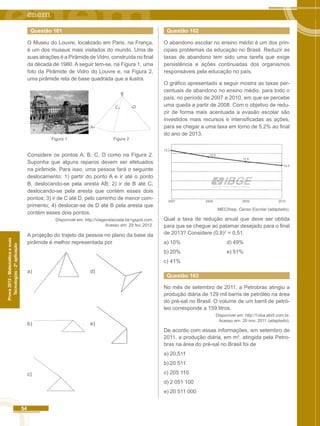 54 
Prova 2012 - Matemática e suas 
Tecnologias - 2ª aplicação 
Questão 161 
O Museu do Louvre, localizado em Paris, na França, 
é um dos museus mais visitados do mundo. Uma de 
suas atrações é a Pirâmide de Vidro, construída no final 
da década de 1980. A seguir tem-se, na Figura 1, uma 
foto da Pirâmide de Vidro do Louvre e, na Figura 2, 
uma pirâmide reta de base quadrada que a ilustra. 
Figura 2 
A 
C 
B 
D 
Figura 1 
Considere os pontos A, B, C, D como na Figura 2. 
Suponha que alguns reparos devem ser efetuados 
na pirâmide. Para isso, uma pessoa fará o seguinte 
deslocamento: 1) partir do ponto A e ir até o ponto 
B, deslocando-se pela aresta AB; 2) ir de B até C, 
deslocando-se pela aresta que contém esses dois 
pontos; 3) ir de C até D, pelo caminho de menor com-primento; 
4) deslocar-se de D até B pela aresta que 
contém esses dois pontos. 
Disponível em: http://viagenslacoste.bk>gspot.com. 
Acesso em: 29 fev. 2012. 
A projeção do trajeto da pessoa no plano da base da 
pirâmide é melhor representada por 
a) d) 
b) e) 
c) 
Questão 162 
O abandono escolar no ensino médio é um dos prin-cipais 
problemas da educação no Brasil. Reduzir as 
taxas de abandono tem sido uma tarefa que exige 
persistência e ações continuadas dos organismos 
responsáveis pela educação no país. 
O gráfico apresentado a seguir mostra as taxas per-centuais 
de abandono no ensino médio, para todo o 
país, no período de 2007 a 2010, em que se percebe 
uma queda a partir de 2008. Com o objetivo de redu-zir 
de forma mais acentuada a evasão escolar são 
investidos mais recursos e intensificadas as ações, 
para se chegar a uma taxa em torno de 5,2% ao final 
do ano de 2013. 
11,5 
12,8 
13,2 
10,3 
2007 2008 2009 2010 
MEC/lnep, Censo Escolar (adaptado). 
Qual a taxa de redução anual que deve ser obtida 
para que se chegue ao patamar desejado para o final 
de 2013? Considere (0,8)3 = 0,51. 
a) 10% d) 49% 
b) 20% e) 51% 
c) 41% 
Questão 163 
No mês de setembro de 2011, a Petrobras atingiu a 
produção diária de 129 mil barris de petróleo na área 
do pré-sal no Brasil. O volume de um barril de petró-leo 
corresponde a 159 litros. 
Disponível em: http:/1/eia.abril.com.br. 
Acesso em: 20 nov. 2011 (adaptado). 
De acordo com essas informações, em setembro de 
2011, a produção diária, em m3, atingida pela Petro-bras 
na área do pré-sal no Brasil foi de 
a) 20,511 
b) 20 511 
c) 205 110 
d) 2 051 100 
e) 20 511 000 
 