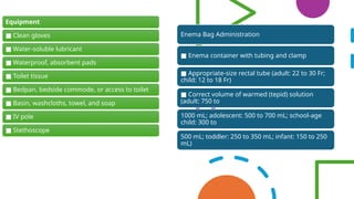 Equipment
■ Clean gloves
■ Water-soluble lubricant
■ Waterproof, absorbent pads
■ Toilet tissue
■ Bedpan, bedside commode, or access to toilet
■ Basin, washcloths, towel, and soap
■ IV pole
■ Stethoscope
Enema Bag Administration
■ Enema container with tubing and clamp
■ Appropriate-size rectal tube (adult: 22 to 30 Fr;
child: 12 to 18 Fr)
■ Correct volume of warmed (tepid) solution
(adult: 750 to
1000 mL; adolescent: 500 to 700 mL; school-age
child: 300 to
500 mL; toddler: 250 to 350 mL; infant: 150 to 250
mL)
 