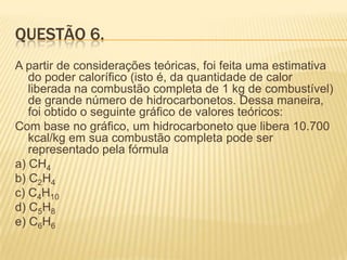 QUESTÃO 6.
A partir de considerações teóricas, foi feita uma estimativa
do poder calorífico (isto é, da quantidade de calor
liberada na combustão completa de 1 kg de combustível)
de grande número de hidrocarbonetos. Dessa maneira,
foi obtido o seguinte gráfico de valores teóricos:
Com base no gráfico, um hidrocarboneto que libera 10.700
kcal/kg em sua combustão completa pode ser
representado pela fórmula
a) CH4
b) C2H4
c) C4H10
d) C5H8
e) C6H6

 