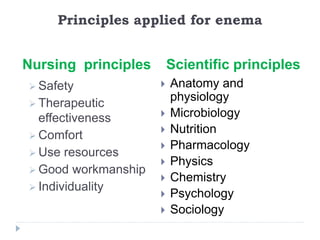 Principles applied for enema
Nursing principles
 Safety
 Therapeutic
effectiveness
 Comfort
 Use resources
 Good workmanship
 Individuality
Scientific principles
 Anatomy and
physiology
 Microbiology
 Nutrition
 Pharmacology
 Physics
 Chemistry
 Psychology
 Sociology
 