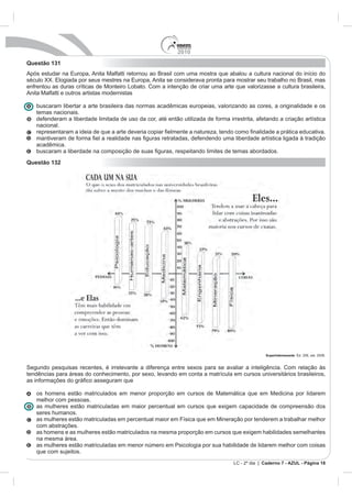 2010
Questão 131
Após estudar na Europa, Anita Malfatti retornou ao Brasil com uma mostra que abalou a cultura nacional do início do
século XX. Elogiada por seus mestres na Europa, Anita se considerava pronta para mostrar seu trabalho no Brasil, mas
enfrentou as duras críticas de Monteiro Lobato. Com a intenção de criar uma arte que valorizasse a cultura brasileira,
Anita Malfatti e outros artistas modernistas

   buscaram libertar a arte brasileira das normas acadêmicas europeias, valorizando as cores, a originalidade e os
   temas nacionais.
   defenderam a liberdade limitada de uso da cor, até então utilizada de forma irrestrita, afetando a criação artística
   nacional.


   acadêmica.
   buscaram a liberdade na composição de
Questão 132




                                                                                                Superinteressante. Ed. 256, set. 2008.


Segundo pesquisas recentes, é irrelevante a diferença entre sexos para se avaliar a inteligência. Com relação às
tendências para áreas do conhecimento, por sexo, levando em conta a matrícula em cursos universitários brasileiros,


   os homens estão matriculados em menor proporção em cursos de Matemática que em Medicina por lidarem
   melhor com pessoas.
   as mulheres estão matriculadas em maior percentual em cursos que exigem capacidade de compreensão dos
   seres humanos.
   as mulheres estão matriculadas em percentual maior em Física que em Mineração por tenderem a trabalhar melhor
   com abstrações.
   as homens e as mulheres estão matriculados na mesma proporção em cursos que exigem habilidades semelhantes
   na mesma área.
   as mulheres estão matriculadas em menor número em Psicologia por sua habilidade de lidarem melhor com coisas
   que com sujeitos.
                                                                                  LC - 2º dia | Caderno 7 - AZUL - Página 18
 