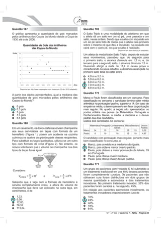 2010
Questão 167                                                                             Questão 169
                                                                                        O Salto Triplo é uma modalidade do atletismo em que
pelos artilheiros das Copas do Mundo desde a Copa de                                    o atleta dá um salto em um só pé, uma passada e um
1930 até a de 2006.                                                                     salto, nessa ordem. Sendo que o salto com impulsão em
                                                                                        um só pé será feito de modo que o atleta caia primeiro
          Quantidades de Gols dos Artilheiros                                           sobre o mesmo pé que deu a impulsão; na passada ele
                 das Copas do Mundo                                                     cairá com o outro pé, do qual o salto é realizado.
                                                                                                                          Disponível em: www.cbat.org.br (adaptado).

                                                                                        Um atleta da modalidade Salto Triplo, depois de estudar
                                                                                        seus movimentos, percebeu que, do segundo para
                                                                                        o primeiro salto, o alcance diminuía em 1,2 m, e, do
                                                                                        terceiro para o segundo salto, o alcance diminuía 1,5 m.
                                                                                        Querendo atingir a meta de 17,4 m nessa prova e
                                                                                        considerando os seus estudos, a distância alcançada no
                                                                                        primeiro salto teria de estar entre
                                                                                              4,0 m e 5,0 m.
                                                                                              5,0 m e 6,0 m.
                                                                                              6,0 m e 7,0 m.
                                                                                              7,0 m e 8,0 m.
      Disponível em: http://www.suapesquisa.com. Acesso em: 23 abr. 2010 (adaptado).
                                                                                              8,0 m e 9,0 m.
                                                                                        Questão 170
A partir dos dados apresentados, qual a mediana das
quantidades de gols marcados pelos artilheiros das
Copas do Mundo?
                                                                                        aritmética na pontuação igual ou superior a 14. Em caso de
   6 gols                                                                               empate na média, o desempate seria em favor da pontuação
   6,5 gols                                                                             mais regular. No quadro a seguir são apresentados os
   7 gols                                                                               pontos obtidos nas provas de Matemática, Português e
   7,3 gols                                                                             Conhecimentos Gerais, a média, a mediana e o desvio
   8,5 gols                                                                             padrão dos dois candidatos.
                                                                                        Dados dos candidatos no concurso
Questão 168
                                                                                              Matemática Português Conhecimentos Média Mediana Desvio
Em um casamento, os donos da festa serviam champanhe                                                                  Gerais                   Padrão
                                                                                        Marco     14         15         16        15     15     0,32
aos seus convidados em taças com formato de um
                                                                                        Paulo     8          19         18        15     18     4,97
hemisfério (Figura 1), porém um acidente na cozinha
culminou na quebra de grande parte desses recipientes.                                  O candidato com pontuação mais regular, portanto mais
Para substituir as taças quebradas, utilizou-se um outro
tipo com formato de cone (Figura 2). No entanto, os                                           Marco, pois a média e a mediana são iguais.
noivos solicitaram que o volume de champanhe nos dois                                         Marco, pois obteve menor desvio padrão.
tipos de taças fosse igual.                                                                   Paulo, pois obteve a maior pontuação da tabela, 19
                                                                                              em Português.
                                                                                              Paulo, pois obteve maior mediana.
                                                                                              Paulo, pois obteve maior desvio padrão.
                                                                                        Questão 171
                                                                                        Um grupo de pacientes com Hepatite C foi submetido a
Considere:                                                                              um tratamento tradicional em que 40% desses pacientes
                                                                                        foram completamente curados. Os pacientes que não
                                                                                        obtiveram cura foram distribuídos em dois grupos de
                                                                                        mesma quantidade e submetidos a dois tratamentos
Sabendo que a taça com o formato de hemisfério é                                        inovadores. No primeiro tratamento inovador, 35% dos
servida completamente cheia, a altura do volume de                                      pacientes foram curados e, no segundo, 45%.
champanhe que deve ser colocado na outra taça, em
centímetros, é de                                                                       Em relação aos pacientes submetidos inicialmente, os
                                                                                        tratamentos inovadores proporcionaram cura de
   1,33.                                                                                      16%.
   6,00.                                                                                      24%.
   12,00.                                                                                     32%.
   56,52.                                                                                     48%.
   113,04.                                                                                    64%.
                                                                                                               MT - 2º dia | Caderno 7 - AZUL - Página 28
 
