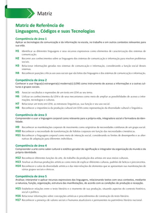 Matriz

Matriz de Referência de
Linguagens, Códigos e suas Tecnologias
Competência de área 1
Aplicar as tecnologias da comunicação e da informação na escola, no trabalho e em outros contextos relevantes para
sua vida.

H1    Identificar as diferentes linguagens e seus recursos expressivos como elementos de caracterização dos sistemas de
      comunicação.
H2    Recorrer aos conhecimentos sobre as linguagens dos sistemas de comunicação e informação para resolver problemas
      sociais.
H3    Relacionar informações geradas nos sistemas de comunicação e informação, considerando a função social desses
      sistemas.
H4    Reconhecer posições críticas aos usos sociais que são feitos das linguagens e dos sistemas de comunicação e informação.

Competência de área 2
Conhecer e usar língua(s) estrangeira(s) moderna(s) (LEM) como instrumento de acesso a informações e a outras cul-
turas e grupos sociais.

H5    Associar vocábulos e expressões de um texto em LEM ao seu tema.
H6    Utilizar os conhecimentos da LEM e de seus mecanismos como meio de ampliar as possibilidades de acesso a infor-
      mações, tecnologias e culturas.
H7    Relacionar um texto em LEM, as estruturas linguísticas, sua função e seu uso social.
H8    Reconhecer a importância da produção cultural em LEM como representação da diversidade cultural e linguística.

Competência de área 3
Compreender e usar a linguagem corporal como relevante para a própria vida, integradora social e formadora da iden-
tidade.

H9    Reconhecer as manifestações corporais de movimento como originárias de necessidades cotidianas de um grupo social.
H10   Reconhecer a necessidade de transformação de hábitos corporais em função das necessidades cinestésicas.
H11   Reconhecer a linguagem corporal como meio de interação social, considerando os limites de desempenho e as alter-
      nativas de adaptação para diferentes indivíduos.

Competência de área 4
Compreender a arte como saber cultural e estético gerador de signiﬁcação e integrador da organização do mundo e da
própria identidade.

H12   Reconhecer diferentes funções da arte, do trabalho da produção dos artistas em seus meios culturais.
H13   Analisar as diversas produções artísticas como meio de explicar diferentes culturas, padrões de beleza e preconceitos.
H14   Reconhecer o valor da diversidade artística e das inter-relações de elementos que se apresentam nas manifestações de
      vários grupos sociais e étnicos.

Competência de área 5
Analisar, interpretar e aplicar recursos expressivos das linguagens, relacionando textos com seus contextos, mediante
a natureza, função, organização, estrutura das manifestações, de acordo com as condições de produção e recepção.

H15   Estabelecer relações entre o texto literário e o momento de sua produção, situando aspectos do contexto histórico,
      social e político.
H16   Relacionar informações sobre concepções artísticas e procedimentos de construção do texto literário.
H17   Reconhecer a presença de valores sociais e humanos atualizáveis e permanentes no patrimônio literário nacional.
 