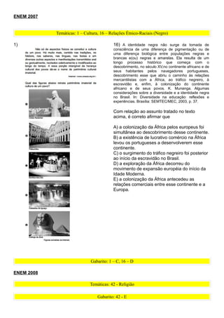 ENEM 2007


            Temáticas: 1 – Cultura, 16 – Relações Étnico-Raciais (Negro)

1)                                        16) A identidade negra não surge da tomada de
                                          consciência de uma diferença de pigmentação ou de
                                          uma diferença biológica entre populações negras e
                                          brancas e(ou) negras e amarelas. Ela resulta de um
                                          longo processo histórico que começa com o
                                          descobrimento, no século XV,no continente africano e de
                                          seus habitantes pelos navegadores portugueses,
                                          descobrimento esse que abriu o caminho às relações
                                          mercantilistas com a África, ao tráfico negreiro, à
                                          escravidão e, enfim, à colonização do continente
                                          africano e de seus povos. K. Munanga. Algumas
                                          considerações sobre a diversidade e a identidade negra
                                          no Brasil. In: Diversidade na educação: reflexões e
                                          experiências. Brasília: SEMTEC/MEC, 2003, p. 37.

                                          Com relação ao assunto tratado no texto
                                          acima, é correto afirmar que

                                          A) a colonização da África pelos europeus foi
                                          simultânea ao descobrimento desse continente.
                                          B) a existência de lucrativo comércio na África
                                          levou os portugueses a desenvolverem esse
                                          continente.
                                          C) o surgimento do tráfico negreiro foi posterior
                                          ao início da escravidão no Brasil.
                                          D) a exploração da África decorreu do
                                          movimento de expansão européia do início da
                                          Idade Moderna.
                                          E) a colonização da África antecedeu as
                                          relações comerciais entre esse continente e a
                                          Europa.




                              Gabarito: 1 – C, 16 – D

ENEM 2008

                              Temáticas: 42 - Religião

                                  Gabarito: 42 - E
 