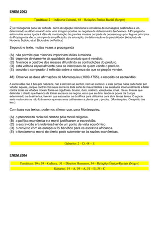 ENEM 2003

                    Temáticas: 2 – Indústria Cultural, 48 – Relações Étnico-Racial (Negro)

2) A Propaganda pode ser definida como divulgação intencional e constante de mensagens destinadas a um
determinado auditório visando criar uma imagem positiva ou negativa de determinados fenômenos. A Propaganda
está muitas vezes ligada à idéia de manipulação de grandes massas por parte de pequenos grupos. Alguns princípios
da Propaganda são: o princípio da simplificação, da saturação, da deformação e da parcialidade. (Adaptado de
Norberto Bobbio, et al. Dicionário de Política)

Segundo o texto, muitas vezes a propaganda

(A)   não permite que minorias imponham idéias à maioria.
(B)   depende diretamente da qualidade do produto que é vendido.
(C)   favorece o controle das massas difundindo as contradições do produto.
(D)   está voltada especialmente para os interesses de quem vende o produto.
(E)   convida o comprador à reflexão sobre a natureza do que se propõe vender.

48) Observe as duas afirmações de Montesquieu (1689-1755), a respeito da escravidão:

A escravidão não é boa por natureza; não é útil nem ao senhor, nem ao escravo: a este porque nada pode fazer por
virtude; àquele, porque contrai com seus escravos toda sorte de maus hábitos e se acostuma insensivelmente a faltar
contra todas as virtudes morais: torna-se orgulhoso, brusco, duro, colérico, voluptuoso, cruel. Se eu tivesse que
defender o direito que tivemos de tornar escravos os negros, eis o que eu diria: tendo os povos da Europa
exterminado os da América, tiveram que escravizar os da África para utilizá-los para abrir tantas terras. O açúcar
seria muito caro se não fizéssemos que escravos cultivassem a planta que o produz. (Montesquieu. O espírito das
leis.)

Com base nos textos, podemos afirmar que, para Montesquieu,

(A)   o preconceito racial foi contido pela moral religiosa.
(B)   a política econômica e a moral justificaram a escravidão.
(C)   a escravidão era indefensável de um ponto de vista econômico.
(D)   o convívio com os europeus foi benéfico para os escravos africanos.
(E)   o fundamento moral do direito pode submeter-se às razões econômicas.


                                             Gabarito: 2 – D, 48 – E


ENEM 2004

        Temáticas: 19 e 59 – Cultura, 51 – Direitos Humanos, 54 – Relações Étnico-Raciais (Negro)
                                    Gabarito: 19 – A, 59 – A, 51 – B, 54 - C
 