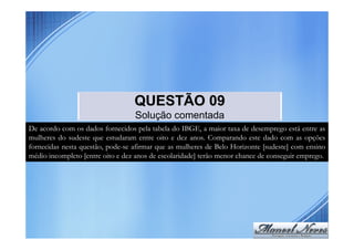 QUESTÃO 09
                                  Solução comentada
De acordo com os dados fornecidos pela tabela do IBGE, a maior taxa de desemprego está entre as
mulheres do sudeste que estudaram entre oito e dez anos. Comparando este dado com as opções
fornecidas nesta questão, pode-se afirmar que as mulheres de Belo Horizonte [sudeste] com ensino
médio incompleto [entre oito e dez anos de escolaridade] terão menor chance de conseguir emprego.
 