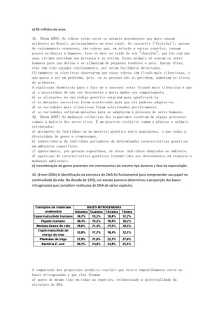 e) 85 milhões de anos.

41. (Enem 2005) As cobras estão entre os animais peçonhentos que mais causam
acidentes no Brasil, principalmente na área rural. As cascavéis ('Crotalus'), apesar
de extremamente venenosas, são cobras que, em relação a outras espécies, causam
poucos acidentes a humanos. Isso se deve ao ruído de seu "chocalho", que faz com que
suas vítimas percebam sua presença e as evitem. Esses animais só atacam os seres
humanos para sua defesa e se alimentam de pequenos roedores e aves. Apesar disso,
elas têm sido caçadas continuamente, por serem facilmente detectadas.
Ultimamente os cientistas observaram que essas cobras têm ficado mais silenciosas, o
que passa a ser um problema, pois, se as pessoas não as percebem, aumentam os riscos
de acidentes.
A explicação darwinista para o fato de a cascavel estar ficando mais silenciosa é que
a) a necessidade de não ser descoberta e morta mudou seu comportamento.
b) as alterações no seu código genético surgiram para aperfeiçoá-Ia.
c) as mutações sucessivas foram acontecendo para que ela pudesse adaptar-se.
d) as variedades mais silenciosas foram selecionadas positivamente.
e) as variedades sofreram mutações para se adaptarem à presença de seres humanos.
42. (Enem 2007) As mudanças evolutivas dos organismos resultam de alguns processos
comuns à maioria dos seres vivos. É um processo evolutivo comum a plantas e animais
vertebrados:
a) movimento de indivíduos ou de material genético entre populações, o que reduz a
diversidade de genes e cromossomos.
b) sobrevivência de indivíduos portadores de determinadas características genéticas
em ambientes específicos.
c) aparecimento, por geração espontânea, de novos indivíduos adaptados ao ambiente.
d) aquisição de características genéticas transmitidas aos descendentes em resposta a
mudanças ambientais.
e) recombinação de genes presentes em cromossomos do mesmo tipo durante a fase da esporulação.

43. (Enem 2004) A identificação da estrutura do DNA foi fundamental para compreender seu papel na
continuidade da vida. Na década de 1950, um estudo pioneiro determinou a proporção das bases
nitrogenadas que compõem moléculas de DNA de várias espécies.




A comparação das proporções permitiu concluir que ocorre emparelhamento entre as
bases nitrogenadas e que elas formam
a) pares de mesmo tipo em todas as espécies, evidenciando a universalidade da
estrutura do DNA.
 