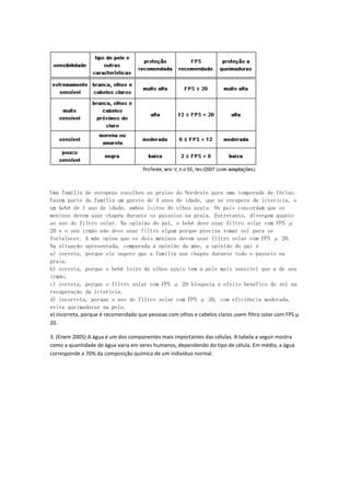 Uma família de europeus escolheu as praias do Nordeste para uma temporada de férias.
Fazem parte da família um garoto de 4 anos de idade, que se recupera de icterícia, e
um bebê de 1 ano de idade, ambos loiros de olhos azuis. Os pais concordam que os
meninos devem usar chapéu durante os passeios na praia. Entretanto, divergem quanto
ao uso do filtro solar. Na opinião do pai, o bebê deve usar filtro solar com FPS μ
20 e o seu irmão não deve usar filtro algum porque precisa tomar sol para se
fortalecer. A mãe opina que os dois meninos devem usar filtro solar com FPS μ 20.
Na situação apresentada, comparada à opinião da mãe, a opinião do pai é
a) correta, porque ele sugere que a família use chapéu durante todo o passeio na
praia.
b) correta, porque o bebê loiro de olhos azuis tem a pele mais sensível que a de seu
irmão.
c) correta, porque o filtro solar com FPS μ 20 bloqueia o efeito benéfico do sol na
recuperação da icterícia.
d) incorreta, porque o uso do filtro solar com FPS μ 20, com eficiência moderada,
evita queimaduras na pele.
e) incorreta, porque é recomendado que pessoas com olhos e cabelos claros usem filtro solar com FPS μ
20.

3. (Enem 2005) A água é um dos componentes mais importantes das células. A tabela a seguir mostra
como a quantidade de água varia em seres humanos, dependendo do tipo de célula. Em média, a água
corresponde a 70% da composição química de um indivíduo normal.
 