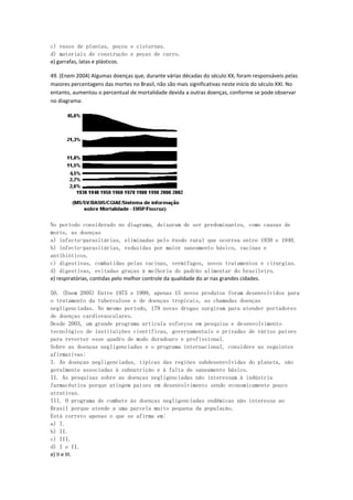 c) vasos de plantas, poços e cisternas.
d) materiais de construção e peças de carro.
e) garrafas, latas e plásticos.

49. (Enem 2004) Algumas doenças que, durante várias décadas do século XX, foram responsáveis pelas
maiores percentagens das mortes no Brasil, não são mais significativas neste início do século XXI. No
entanto, aumentou o percentual de mortalidade devida a outras doenças, conforme se pode observar
no diagrama:




No período considerado no diagrama, deixaram de ser predominantes, como causas de
morte, as doenças
a) infecto-parasitárias, eliminadas pelo êxodo rural que ocorreu entre 1930 e 1940.
b) infecto-parasitárias, reduzidas por maior saneamento básico, vacinas e
antibióticos.
c) digestivas, combatidas pelas vacinas, vermífugos, novos tratamentos e cirurgias.
d) digestivas, evitadas graças à melhoria do padrão alimentar do brasileiro.
e) respiratórias, contidas pelo melhor controle da qualidade do ar nas grandes cidades.

50. (Enem 2005) Entre 1975 e 1999, apenas 15 novos produtos foram desenvolvidos para
o tratamento da tuberculose e de doenças tropicais, as chamadas doenças
negligenciadas. No mesmo período, 179 novas drogas surgiram para atender portadores
de doenças cardiovasculares.
Desde 2003, um grande programa articula esforços em pesquisa e desenvolvimento
tecnológico de instituições científicas, governamentais e privadas de vários países
para reverter esse quadro de modo duradouro e profissional.
Sobre as doenças negligenciadas e o programa internacional, considere as seguintes
afirmativas:
I. As doenças negligenciadas, típicas das regiões subdesenvolvidas do planeta, são
geralmente associadas à subnutrição e à falta de saneamento básico.
II. As pesquisas sobre as doenças negligenciadas não interessam à indústria
farmacêutica porque atingem países em desenvolvimento sendo economicamente pouco
atrativas.
III. O programa de combate às doenças negligenciadas endêmicas não interessa ao
Brasil porque atende a uma parcela muito pequena da população.
Está correto apenas o que se afirma em:
a) I.
b) II.
c) III.
d) I e II.
e) II e III.
 