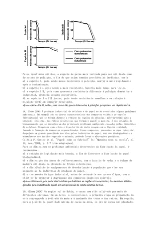 Pelos resultados obtidos, a espécie de peixe mais indicada para ser utilizada como
detectora de poluição, a fim de que sejam tomadas providências imediatas, seria
a) a espécie I, pois sendo menos resistente à poluição, morreria mais rapidamente
após a contaminação.
b) a espécie II, pois sendo a mais resistente, haveria mais tempo para testes.
c) a espécie III, pois como apresenta resistência diferente à poluição doméstica e
industrial, propicia estudos posteriores.
d) as espécies I e III juntas, pois tendo resistência semelhante em relação à
poluição permitem comparar resultados.
e) as espécies II e III juntas, pois como são pouco tolerantes à poluição, propiciam um rápido alerta.

18. (Enem 2006) À produção industrial de celulose e de papel estão associados alguns problemas
ambientais. Um exemplo são os odores característicos dos compostos voláteis de enxofre
(mercaptanas) que se formam durante a remoção da lignina da principal matéria-prima para a
obtenção industrial das fibras celulósicas que formam o papel: a madeira. É nos estágios de
branqueamento que se encontra um dos principais problemas ambientais causados pelas indústrias
de celulose. Reagentes como cloro e hipoclorito de sódio reagem com a lignina residual,
levando à formação de compostos organoclorados. Esses compostos, presentes na água industrial,
despejada em grande quantidade nos rios pelas indústrias de papel, não são biodegradáveis e
acumulam-se nos tecidos vegetais e animais, podendo levar a alterações genéticas.
Celênia P. Santos et al. "Papel: como se fabrica?" In: "Química nova na escola", n¡.
14, nov./2001, p. 3-7 (com adaptações).
Para se diminuírem os problemas ambientais decorrentes da fabricação do papel, é
recomendável
a) a criação de legislação mais branda, a fim de favorecer a fabricação de papel
biodegradável.
b) a diminuição das áreas de reflorestamento, com o intuito de reduzir o volume de
madeira utilizado na obtenção de fibras celulósicas.
c) a distribuição de equipamentos de desodorização à população que vive nas
adjacências de indústrias de produção de papel.
d) o tratamento da água industrial, antes de retorná-la aos cursos d'água, com o
objetivo de promover a degradação dos compostos orgânicos solúveis.
e) o recolhimento, por parte das famílias que habitam as regiões circunvizinhas, dos resíduos sólidos
gerados pela indústria de papel, em um processo de coleta seletiva de lixo.

19. (Enem 2006) Na região sul da Bahia, o cacau tem sido cultivado por meio de
diferentes sistemas. Em um deles, o convencional, a primeira etapa de preparação do
solo corresponde à retirada da mata e à queimada dos tocos e das raízes. Em seguida,
para o plantio da quantidade máxima de cacau na área, os pés de cacau são plantados
 