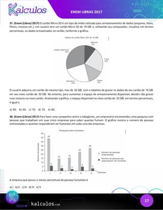 ENEM LIBRAS 2017
17
37. (Enem (Libras) 2017) O cartão Micro SD é um tipo de mídia utilizada para armazenamento de dados (arquivos, fotos,
filmes, músicas etc.). Um usuário tem um cartão Micro SD de 16 GB e, utilizando seu computador, visualiza, em termos
percentuais, os dados armazenados no cartão, conforme o gráfico.
O usuário adquiriu um cartão do mesmo tipo, mas de 32 GB, com o objetivo de gravar os dados do seu cartão de 16 GB
em seu novo cartão de 32 GB. No entanto, para aumentar o espaço de armazenamento disponível, decidiu não gravar
suas músicas no novo cartão. Analisando o gráfico, o espaço disponível no novo cartão de 32 GB, em termos percentuais,
é igual a
a) 60. b) 65. c) 70. d) 75. e) 80.
38. (Enem (Libras) 2017) Para fazer uma campanha contra o tabagismo, um empresário encomendou uma pesquisa com
pessoas que trabalham em suas cinco empresas para saber quantas fumam. O gráfico mostra o número de pessoas
entrevistadas e quantas responderam ser fumantes em cada uma das empresas.
A empresa que possui o menor percentual de pessoas fumantes é
a) I b) II c) III d) IV e) V
 