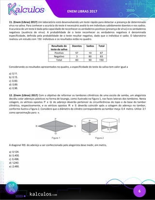 ENEM LIBRAS 2017
6
11. (Enem (Libras) 2017) Um laboratório está desenvolvendo um teste rápido para detectar a presença de determinado
vírus na saliva. Para conhecer a acurácia do teste é necessário avaliá-lo em indivíduos sabidamente doentes e nos sadios.
A acurácia de um teste é dada pela capacidade de reconhecer os verdadeiros positivos (presença de vírus) e os verdadeiros
negativos (ausência de vírus). A probabilidade de o teste reconhecer os verdadeiros negativos é denominada
especificidade, definida pela probabilidade de o teste resultar negativo, dado que o indivíduo é sadio. O laboratório
realizou um estudo com 150 indivíduos e os resultados estão no quadro.
Resultado do
teste da saliva
Doentes Sadios Total
Positivo 57 10 67
Negativo 3 80 83
Total 60 90 150
Considerando os resultados apresentados no quadro, a especificidade do teste da saliva tem valor igual a
a) 0,11.
b) 0,15.
c) 0,60.
d) 0,89.
e) 0,96.
12. (Enem (Libras) 2017) Com o objetivo de reformar os tambores cilíndricos de uma escola de samba, um alegorista
decidiu colar adereços plásticos na forma de losango, como ilustrado na Figura 1, nas faces laterais dos tambores. Nesta
colagem, os vértices opostos P e Q do adereço deverão pertencer às circunferências do topo e da base do tambor
cilíndrico, respectivamente, e os vértices opostos R e S deverão coincidir após a colagem do adereço no tambor,
conforme ilustra a Figura 2. Considere que o diâmetro do cilindro correspondente ao tambor meça 0,4 metro. Utilize 3,1
como aproximação para .
π
A diagonal RS do adereço a ser confeccionado pelo alegorista deve medir, em metro,
a) 0,124.
b) 0,400.
c) 0,496.
d) 1,240.
e) 2,480.
 