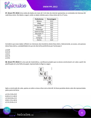 ENEM PPL 2012
4
07. (Enem PPL 2012) Uma coleta de dados em mais de 5 mil sites da internet apresentou os conteúdos de interesse de
cada faixa etária. Na tabela a seguir, estão os dados obtidos para a faixa etária de 0 a 17 anos.
Preferências Porcentagem
Música 22,5
Blogs 15,0
Serviços Web* 10,2
Games 10,0
Horóscopo 9,0
Game on-line 7,4
Educação ** 6,5
Teen 4,0
Compras 3,4
Outras 12,0
Considere que esses dados refletem os interesses dos brasileiros desta faixa etária. Selecionando, ao acaso, uma pessoa
desta faixa etária, a probabilidade de que ela não tenha preferência por horóscopo é
a) 0,09
b) 0,10
c) 0,11
d) 0,79
e) 0.91
08. (Enem PPL 2012) Em uma aula de matemática, a professora propôs que os alunos construíssem um cubo a partir da
planificação em uma folha de papel, representada na figura a seguir.
Após a construção do cubo, apoiou-se sobre a mesa a face com a letra M. As faces paralelas deste cubo são representadas
pelos pares de letras
a) E-N, E-M e B-R
b) B-N, E-E e M-R
c) E-M, B-N e E-R
d) B-E, E-R e M-N
e) E-N, B-M e E-R
 