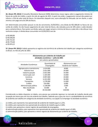 ENEM PPL 2013
17
36. (Enem PPL 2013) O Conselho Monetário Nacional (CMN) determinou novas regras sobre o pagamento mínimo da
fatura do cartão de crédito, a partir do mês de agosto de 2011. A partir de então, o pagamento mensal não poderá ser
inferior a 15% do valor total da fatura. Em dezembro daquele ano, outra alteração foi efetuada: daí em diante, o valor
mínimo a ser pago seria de 20% da fatura.
Um determinado consumidor possuía no dia do vencimento, 01/03/2012, uma dívida de R$1.000,00 na fatura de seu
cartão de crédito. Se não houver pagamento do valor total da fatura, são cobrados juros de 10% sobre o saldo devedor
para a próxima fatura. Para quitar sua dívida, optou por pagar sempre o mínimo da fatura a cada mês e não efetuar mais
nenhuma compra. A dívida desse consumidor em 01/05/2012 será de
a) R$ 600,00
b) R$ 640,00
c) R$ 722,50
d) R$ 774,40
e) R$ 874,22
37. (Enem PPL 2013) A tabela apresenta os registros de ocorrência de acidentes de trabalho por categorias econômicas
no Brasil, no mês de julho de 2001:
Afastamentos por acidentes de trabalho por
atividades econômica — julho de 2001
(em valores aproximados)
Atividades Econômicas
Quantidade de
Empregados
Afastamentos por
Acidente de Trabalho
Agropecuária e extrativismo 1.414.000 8.000
Indústria leve 2.031.000 24.000
Indústria pesada 2.455.000 33.000
Construção civil 1.105.000 14.000
Comércio 4.097.000 24.000
Serviços 6.241.000 34.000
Transportes 1.278.000 13.000
Crédito 524.000 6.000
Administração pública 1.138.000 2.000
Não classificado 33.000 30
Total 20.316.000 158.030
Considerando os dados dispostos na tabela, uma pessoa que pretende ingressar no mercado de trabalho decide pela
ocupação de menor grau de risco de acidente de trabalho. Sabendo que o grau de risco é a probabilidade de ocorrência
de acidentes de trabalho em categorias de atividade econômica, sua opção é se empregar na atividade econômica
a) crédito, pois representa risco aproximado de acidente de trabalho igual a 1,15%.
b) crédito, pois representa risco aproximado de acidente de trabalho igual a 2,58%.
c) crédito, pois apresenta o menor registro de quantidade de empregados.
d) administração pública, pois representa risco aproximado de acidente de trabalho igual a 0,18%.
e) administração pública, pois apresenta o menor registro de afastamento por acidente de trabalho.
 