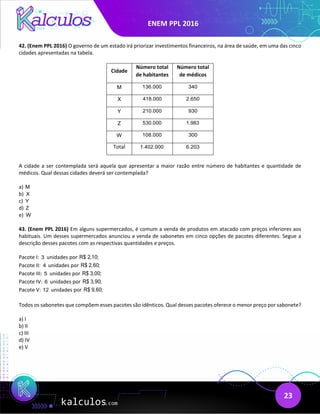 ENEM PPL 2016
23
42. (Enem PPL 2016) O governo de um estado irá priorizar investimentos financeiros, na área de saúde, em uma das cinco
cidades apresentadas na tabela.
Cidade
Número total
de habitantes
Número total
de médicos
M 136.000 340
X 418.000 2.650
Y 210.000 930
Z 530.000 1.983
W 108.000 300
Total 1.402.000 6.203
A cidade a ser contemplada será aquela que apresentar a maior razão entre número de habitantes e quantidade de
médicos. Qual dessas cidades deverá ser contemplada?
a) M
b) X
c) Y
d) Z
e) W
43. (Enem PPL 2016) Em alguns supermercados, é comum a venda de produtos em atacado com preços inferiores aos
habituais. Um desses supermercados anunciou a venda de sabonetes em cinco opções de pacotes diferentes. Segue a
descrição desses pacotes com as respectivas quantidades e preços.
Pacote I: 3 unidades por R$ 2,10;
Pacote II: 4 unidades por R$ 2,60;
Pacote III: 5 unidades por R$ 3,00;
Pacote IV: 6 unidades por R$ 3,90;
Pacote V: 12 unidades por R$ 9,60;
Todos os sabonetes que compõem esses pacotes são idênticos. Qual desses pacotes oferece o menor preço por sabonete?
a) I
b) II
c) III
d) IV
e) V
 