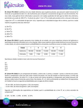 ENEM PPL 2016
4
05. (Enem PPL 2016) A prefeitura de uma cidade detectou que as galerias pluviais, que possuem seção transversal na
forma de um quadrado de lado 2 m, são insuficientes para comportar o escoamento da água em caso de enchentes. Por
essa razão, essas galerias foram reformadas e passaram a ter seções quadradas de lado igual ao dobro das anteriores,
permitindo uma vazão de 3
400 m s. O cálculo da vazão V (em 3
m s) é dado pelo produto entre a área por onde passa
a água (em 2
m ) e a velocidade da água (em m s). Supondo que a velocidade da água não se alterou, qual era a vazão
máxima nas galerias antes das reformas?
a) 3
25 m s
b) 3
50 m s
c) 3
100 m s
d) 3
200 m s
e) 3
300 m s
06. (Enem PPL 2016) O quadro apresenta cinco cidades de um estado, com seus respectivos números de habitantes e
quantidade de pessoas infectadas com o vírus da gripe. Sabe-se que o governo desse estado destinará recursos financeiros
a cada cidade, em valores proporcionais à probabilidade de uma pessoa, escolhida ao acaso na cidade, estar infectada.
Cidade I II III IV V
Habitantes 180.000 100.000 110.000 165.000 175.000
Infectados 7.800 7.500 9.000 6.500 11.000
Qual dessas cidades receberá maior valor de recursos financeiros?
a) I
b) II
c) III
d) IV
e) V
07. (Enem PPL 2016) Em um campeonato de futebol, a vitória vale 3 pontos, o empate 1 ponto e a derrota zero ponto.
Ganha o campeonato o time que tiver maior número de pontos. Em caso de empate no total de pontos, os times são
declarados vencedores. Os times R e S são os únicos com chance de ganhar o campeonato, pois ambos possuem 68
pontos e estão muito à frente dos outros times. No entanto, R e S não se enfrentarão na rodada final. Os especialistas
em futebol arriscam as seguintes probabilidades para os jogos da última rodada:
- R tem 80% de chance de ganhar e 15% de empatar;
- S tem 40% de chance de ganhar e 20% de empatar.
Segundo as informações dos especialistas em futebol, qual é a probabilidade de o time R ser o único vencedor do
campeonato?
a) 32% b) 38% c) 48% d) 54% e) 57%
 