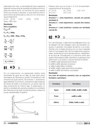 disposição dos ímãs, a intensidade da força magnética
dependa inversamente do quadrado da distância entre os
polos de mesmo nome, no momento em que a pessoa
dentro do cômodo o deixasse, a nova distância entre a
parte inferior da construção e o solo, em cm, tornar-se-ia,
aproximadamente:
a) 3,2 b) 4,3 c) 6,1 d) 6,2 e) 9,0
Dado: ͙ෆෆ90 Х 9,5
Resolução
Para o equilíbrio:
Fmag = P
F1 = P1 = 900g
F2 = P2 = (900 – 90)g = 810g
=
=
=
61 BB
Em um experimento, um pesquisador coletou certa
quantidade de água de um lago na qual havia vários
exemplares de Paramecium aurelia. Foi dividida em três
amostras de igual volume. Na amostra 1, acrescentou
água destilada, na amostra 2, acrescentou alguns gramas
de cloreto de sódio e na amostra 3, um pouco mais de
água proveniente do mesmo lago. O pesquisador re-
gistrou a atividade dos vacúolos pulsáteis (ou contráteis)
dos Paramecium de cada uma das amostras, e obteve as
curvas representadas no gráfico:
Pode-se dizer que as curvas I, II e III correspondem,
respectivamente, às amostras
a) 1, 2 e 3. b) 1, 3 e 2. c) 2, 1 e 3.
d) 2, 3 e 1. e) 3, 1 e 2.
Resolução
Amostra 1 – meio hipotônico: vacúolo em grande
atividade (I).
Amostra 2 – meio hipertônico: vacúolo fica inativo
(III).
Amostra 3 – meio isotônico: vacúolo em atividade
normal (II).
62 BB
Em camundongos, o alelo dominante A determina a cor
da pelagem do tipo selvagem aguti (acinzentado), en-
quanto o genótipo homozigoto a define a cor preta.
Quando uma mutação recessiva em um locus separado
está em homozigose (bb), elimina totalmente a pigmen-
tação, resultando em camundongos albinos, independen-
te do locus a. Considerando o cruzamento entre dois
duplos heterozigotos AaBb, identifique os genótipos que
determinam a cor preta e o tipo de herança envolvida:
a) AABB e aabb (epistasia dominante).
b) aaBB e aaBb (epistasia recessiva).
c) aaBb e aabb (alelos múltiplos).
d) AABB, aaBB e aabb (dominância completa).
e) aaBb e aaBB (dominância incompleta).
Resolução
Um caso de epistasia recessiva com os seguintes
fenótipos e genótipos:
d1
΂–––΃
2
d2
F2
––––
F1
3,0
΂–––΃
2
d2
810
––––
900
9,0
––––
9,5
3,0
––––
d2
d2 = 3,2cm
Fenótipos Genótipos
Aguti AABB, AABb, AaBB e AaBb
Preto aaBB e aaBb
Albino AAbb, Aabb e aabb
ENEM/201330 –
ENEM_PROVA1_24_8_PROF_ALICE 08/08/13 13:48 Página 30
 
