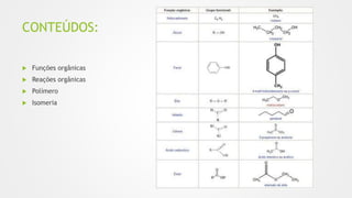 CONTEÚDOS:
 Funções orgânicas
 Reações orgânicas
 Polímero
 Isomeria
 