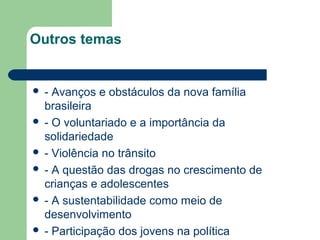 Outros temas


 - Avanços e obstáculos da nova família
  brasileira
 - O voluntariado e a importância da
  solidariedade
 - Violência no trânsito
 - A questão das drogas no crescimento de
  crianças e adolescentes
 - A sustentabilidade como meio de
  desenvolvimento
 - Participação dos jovens na política
 