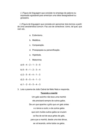( ) Figura de linguagem que consiste no emprego de palavra ou
expressão agradável para amenizar uma ideia desagradável ou
grosseira.
( ) Figura de linguagem que consiste em aproximar dois termos a partir
de uma característica comum. Faz uso de conectivos: como, tal qual, que
nem etc.
a. Eufemismo.
b. Metáfora.
c. Comparação.
d. Prosopopeia ou personificação.
e. Hipérbole.
f. Metonímia
a) 6 – 4 – 2 – 1 – 3 – 5
b) 5 – 6 – 1 – 2 – 3 – 4
c) 2 – 5 – 6 – 4 – 1 – 3
d) 2 – 6 – 5 – 4 – 1 – 3
e) 1 – 2 – 6 – 5 – 4 – 3
3. Leia o poema de João Cabral de Melo Neto e responda.
Tecendo a manhã
Um galo sozinho não tece uma manhã:
ele precisará sempre de outros galos.
De um que apanhe o grito que um galo antes
e o lance a outro; e de outros galos
que com muitos outros galos se cruzem
os fios de sol de seus gritos de galo,
para que a manhã, desde uma teia tênue,
se vá tecendo, entre todos os galos.
 