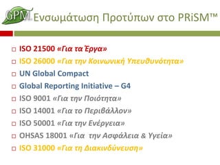 ͦҦئ?ӦئҦ ѦϦ?Цئ ҦӦ PRiSM?
?
?
?
?
?
?
?
?
?

ISO 21500 ?ɦ Ӧ ?Ѧæ?
ISO 26000 ?ɦ ӦǦ Ϧɦͦئͦɦ? ЦŦԦȦԦ?ӦǦӦ?
UN Global Compact
Global Reporting Initiative C G4
ISO 9001 ?ɦ ӦǦ Ϧ?ӦǦӦ?
ISO 14001 ?ɦ Ӧ ŦѦɦ?˦˦Ϧ?
ISO 50001 ?ɦ ӦǦ ?ѦæŦɦ?
OHSAS 18001 ?ɦ ӦǦ Ҧ?˦Ŧɦ & æ??
ISO 31000 ?ɦ Ӧ ɦʦɦͦ?ͦŦԦҦ?

 
