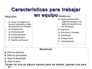 Características para trabajar
Requisitos.   en equipo Obstáculos.
                                            a. Cada persona tiene
•   a. Tener un objetivo en                     objetivos propios y no
    común conocerlo y estar                     están de acuerdo con
    de acuerdo con el grupo.                    los del grupo.
•   b. Cooperación                          b. Egoísmo.
•   c. Comunicación                         c. Rumores y chismes.
•   d. Involucramiento                      d. Desinterés.
•   e. Compañerismo                         e. Antagonismo.
•   f. Espíritu de Equipo
                                            f. Individualismo.


                               Beneficios
a. Para tu persona.
b. Para tu comunidad.
c. Para tu desarrollo.
d. Para tu país.
“Quien no vive de alguna manera para los demás, apenas vive para
   sí”
 