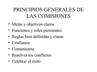 PRINCIPIOS GENERALES DE
LAS COMISIONES
• Metas y objetivos claros
• Funciones y roles personales
• Reglas bien definidas y claras
• Confianza
• Comunicarse
• Resolver los conflictos
• Celebrar el éxito
 