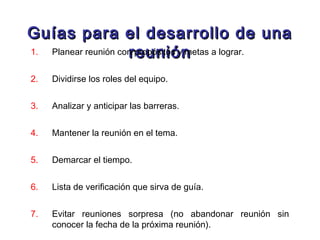 Guías para el desarrollo de una
1.
Planear reunión con propósitos y metas a lograr.
reunión
2.

Dividirse los roles del equipo.

3.

Analizar y anticipar las barreras.

4.

Mantener la reunión en el tema.

5.

Demarcar el tiempo.

6.

Lista de verificación que sirva de guía.

7.

Evitar reuniones sorpresa (no abandonar reunión sin
conocer la fecha de la próxima reunión).

 