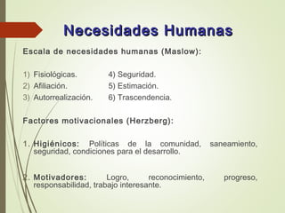Necesidades HumanasNecesidades Humanas
Escala de necesidades humanas (Maslow):
1) Fisiológicas. 4) Seguridad.
2) Afiliación. 5) Estimación.
3) Autorrealización. 6) Trascendencia.
Factores motivacionales (Herzberg):
1. Higiénicos: Políticas de la comunidad, saneamiento,
seguridad, condiciones para el desarrollo.
2. Motivadores: Logro, reconocimiento, progreso,
responsabilidad, trabajo interesante.
 