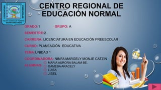 CENTRO REGIONAL DE
EDUCACIÓN NORMAL
GRADO:1 GRUPO: A
SEMESTRE:2
CARRERA: LICENCIATURA EN EDUCACIÓN PREESCOLAR
CURSO: PLANEACIÓN EDUCATIVA
TEMA:UNIDAD 1
COORDINADORA: NINFA MARGELY MONJE CATZIN
ALUMNAS:
۞ MARIA AURORA BALAM BE.
۞ GAMEBA ARACELY
۞ LUISA
۞ JISEL
 