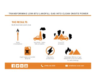 (949) 616-3330 info@ener-core.com
Results have been seen to show
THE RESULTS
Flare
minimization
Less than 1 ppm
NOx emissions
Low CO
emissions
High tolerance to H2S,
Siloxane
Electricity
production
Extended lifetime of gas
extraction and conversion
to useful energy
TRANSFORMING LOW-BTU LANDFILL GAS INTO CLEAN ONSITE POWER
 