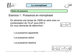 Chapitre 1 − Le monophasé Page 22 / 40
- La puissance apparente
- La puissance active
- La puissance réactive
On alimente une lampe de 100W en série avec un
condensateur de 10 µF sous 230 V.
On vous demande de déterminer :
Le monophasé
Notion de puissance
Exercice 1 : Puissance en monophasé
. j
Z Z e ϕ
=
*
. .S U I P j Q= = +
 