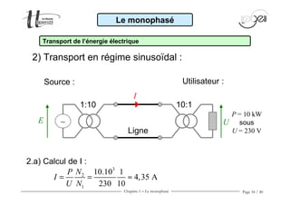 Chapitre 1 − Le monophasé Page 34 / 40
Source :
2.a) Calcul de I :
Le monophasé
Transport de l’énergie électrique
Ligne
I
UE
P = 10 kW
sous
U = 230 V
10:11:10
∼
3
2
1
10.10 1
4,35 A
230 10
NP
I
U N
= = ≈
2) Transport en régime sinusoïdal :
Utilisateur :
 