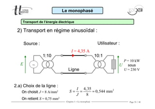 Chapitre 1 − Le monophasé Page 35 / 40
2.a) Choix de la ligne :
On choisit J = 8 A/mm2
On retient S = 0,75 mm2
Le monophasé
Transport de l’énergie électrique
Ligne
I = 4,35 A
UE
P = 10 kW
sous
U = 230 V
10:11:10
∼
24,35
0,544 mm
8
I
S
J
= = ≈
2) Transport en régime sinusoïdal :
Source : Utilisateur :
 