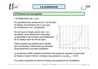 Chapitre 3 − La puissance Page 20 / 42
La puissance
I) Puissance en monophasé
On représente les variations de Pj en fonction
du facteur de puissance de cos(ϕ), tout
en maintenant P et U constantes.
1.6) Relèvement de cos(ϕ)
On voit que si l'angle ϕ tend vers +π/2,
les pertes Joule deviennent colossales.
Le générateur fournit alors essentiellement
de la chaleur dans les fils de ligne.
Il y a donc nécessité de relever le facteur de puissance de l'installation.
Le producteur (EDF) pénalise l’excédent de puissance réactive consommée
en fixant un seuil minimal : le facteur de puissance [cos(ϕ)]min = 0,928.
Cette situation est évidemment interdite
par le producteur d'électricité qui pénalise
(financièrement) une telle installation.
 