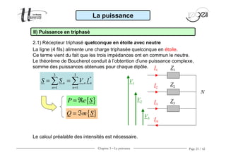 Chapitre 3 − La puissance Page 25 / 42
2.1) Récepteur triphasé quelconque en étoile avec neutre
La ligne (4 fils) alimente une charge triphasée quelconque en étoile.
Ce terme vient du fait que les trois impédances ont en commun le neutre.
Le théorème de Boucherot conduit à l’obtention d’une puissance complexe,
somme des puissances obtenues pour chaque dipôle.
La puissance
II) Puissance en triphasé
3 3
*
1 1
nn n
n n
S S V I
= =
= =∑ ∑
{ }P e S= ℜ
{ }Q m S= ℑ
Le calcul préalable des intensités est nécessaire.
Z1I1
I2
V1
V2
V3
N
Z2
I3
Z3
IN
 