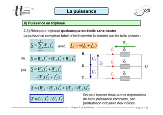 Chapitre 3 − La puissance Page 29 / 42
2.3) Récepteur triphasé quelconque en étoile sans neutre
La puissance
II) Puissance en triphasé
O
Z1I1
I2
Z2
I3
Z3
U3
U1
U2
R
S
T
3
*
1
nn
n
S W I
=
= ∑
La puissance complexe totale s’écrit comme la somme sur les trois phases :
ou
3 1 2( )I I I= − +
* * *
1 2 31 2 3S W I W I W I= + +
soit
* *
1 21 2
* *
1 23 ( )
S W I W I
W I I
= +
− +
avec
* *
1 21 3 2 3( ). ( ).S W W I W W I= − + −
* *
1 22 1. .S U I U I= −
On peut trouver deux autres expressions
de cette puissance complexe, par
permutation circulaire des indices.
W1
 