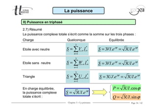 Chapitre 3 − La puissance Page 34 / 42
2.7) Résumé
La puissance
II) Puissance en triphasé
La puissance complexe totale s’écrit comme la somme sur les trois phases :
3
*
1
n n
n
S U J
=
= ∑
3 . j
S UI e ϕ
=
3
*
1
nn
n
S W I
=
= ∑
3
*
1
nn
n
S V I
=
= ∑
3 .cosP UI ϕ=
3 .sinQ UI ϕ=
3 . 3 .j j
S VI e UI eϕ ϕ
= =
Etoile avec neutre
Etoile sans neutre
Triangle 3 . 3 .j j
S UJ e UI eϕ ϕ
= =
3 . 3 .j j
S VI e UI eϕ ϕ
= =
Quelconque EquilibréeCharge
En charge équilibrée,
la puissance complexe
totale s’écrit :
 