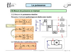 Chapitre 3 − La puissance Page 37 / 42
3.2) Mesure de puissance réactive
La puissance
III) Mesure de puissance en triphasé
Récepteur triphasé quelconque en étoile avec neutre
La méthode des 3 wattmètres donne :
1 2 3
1
(W W W )
3
Q = + +
3
*
1
nn
n
Q e jV I
=
 
= ℜ − 
 
∑
3
*
1 3
n
n
n
U
Q e I
=
− 
= ℜ  
 
∑
3
*
1
nn
n
Q m V I
=
 
= ℑ  
 
∑
3.n nU j V= +
W
In
Un
Z1I1
I2
N
Z2
I3
Z3
IN
W1
W3
U3
U1
U2
W2
 
