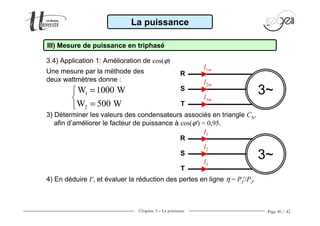Chapitre 3 − La puissance Page 40 / 42
3.4) Application 1: Amélioration de cos(ϕ)
La puissance
III) Mesure de puissance en triphasé
Une mesure par la méthode des
deux wattmètres donne :
1
2
W 1000 W
W 500 W
=

=
3~
R
S
T
I1m
I2m
I3m
3~
R
S
T
I1
I2
I3
4) En déduire I', et évaluer la réduction des pertes en ligne η = PJ'/PJ.
3) Déterminer les valeurs des condensateurs associés en triangle C∆,
afin d’améliorer le facteur de puissance à cos(ϕ') = 0,95.
 