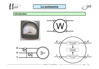 Chapitre 3 − La puissance Page 7 / 42
La puissance
Introduction
WW
W
3~
R
S
T
W
W
Capteur de tension
en parallèle
Capteur de courant
en série
Multiplication
et affichage
V
I
V’
I’
 