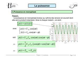 Chapitre 3 − La puissance Page 9 / 42
La puissance
I) Puissance en monophasé
Rappel :
La puissance en monophasé évolue au rythme des tension et courant dont
elle est le produit instantané. Ainsi à chaque instant t, on écrit :
( ) ( ). ( )p t u t i t=
avec ( ) cos( )
( ) cos( )
M
M
u t U t
i t I t
ω
ω ϕ
=

= −
( ) .cos( ).cos( )M Mp t U I t tω ω ϕ= −soit
( )
1
( ) . cos( ) cos(2 )
2
M Mp t U I tϕ ω ϕ= + −⇔
2( ) ( )moyp t P P tω= +⇔
 
