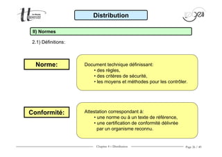 Chapitre 4 − Distribution Page 26 / 49
Document technique définissant:
• des règles,
• des critères de sécurité,
• les moyens et méthodes pour les contrôler.
Attestation correspondant à:
• une norme ou à un texte de référence,
• une certification de conformité délivrée
par un organisme reconnu.
Conformité :
Distribution
II) Normes
2.1) Définitions:
Norme:
Conformité:
 