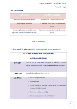 CIENCIAS DE LA TIERRA Y MEDIOAMBIENTALES

                                                                                 Fuentes de energía

2.2. Energía eólica


               VENTAJAS                                   INCONVENIENTES

    Alternativa a los combustibles fósiles          Impacto visual. Contaminación acústica

         Oportunidades de empleo                  En ocasiones son un obstáculo mortal para
                                                                      las aves

  Control y vigilancia ambiental (EIA rutas      Flujo intermitente de distribución de energía
 migratorias avifauna; vida media ≈ 30 años)                          a la red




                                    [MÁS INFORMACIÓN]




   2.3. Energía de la biomasa (POR APUNTES. Relacionado con las Págs. 286-287)

                      BIOCOMBUSTIBLES/ BIOCARBURANTES/

                                 AGRO-COMBUSTIBLES

     QUÉ SON             Cualquier tipo de combustible que derive de la biomasa animal o
                         vegetal. Suponen un recurso energético potencialmente renovable.




    EJEMPLOS             Biogás, Biodiesel, Bioetanol, entre otros.


    VENTAJAS                 o Es una energía renovable;

                             o Biodegradable;

                             o Su uso reduce las emisiones totales de CO2 a la atmósfera
                                 (entre un 40- 80 % menos);

                             o No emiten prácticamente SO2;

                             o Favorece el desarrollo de la actividad rural;




                                                                                                      8
 